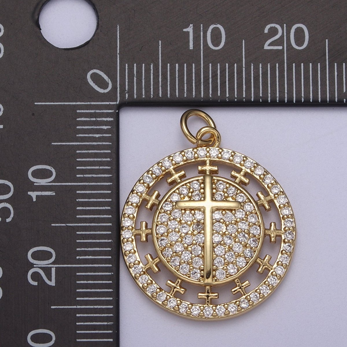 Dainty Cubic Cross Round Coin Medallion Pendant in Gold Catholic Charms Religious Jewelry N-338
