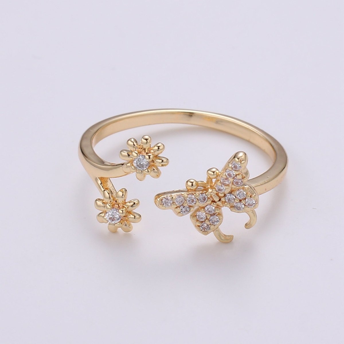 Dainty Elegant Butterfly and Flower 18K Gold Filled Adjustable Ring - R-271