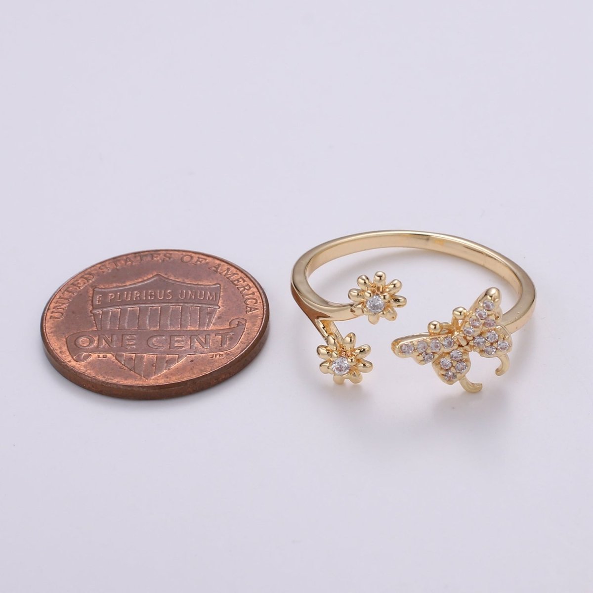 Dainty Elegant Butterfly and Flower 18K Gold Filled Adjustable Ring - R-271