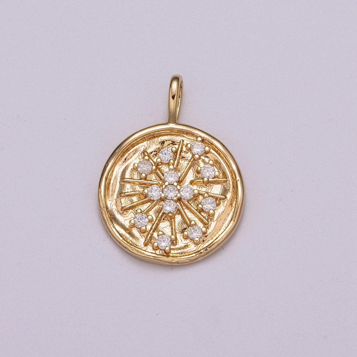 14K Gold Filled CZ Celestial Sunburst Stamped Round Pendant | M780