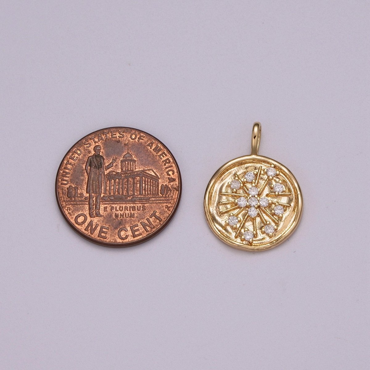 14K Gold Filled CZ Celestial Sunburst Stamped Round Pendant | M780