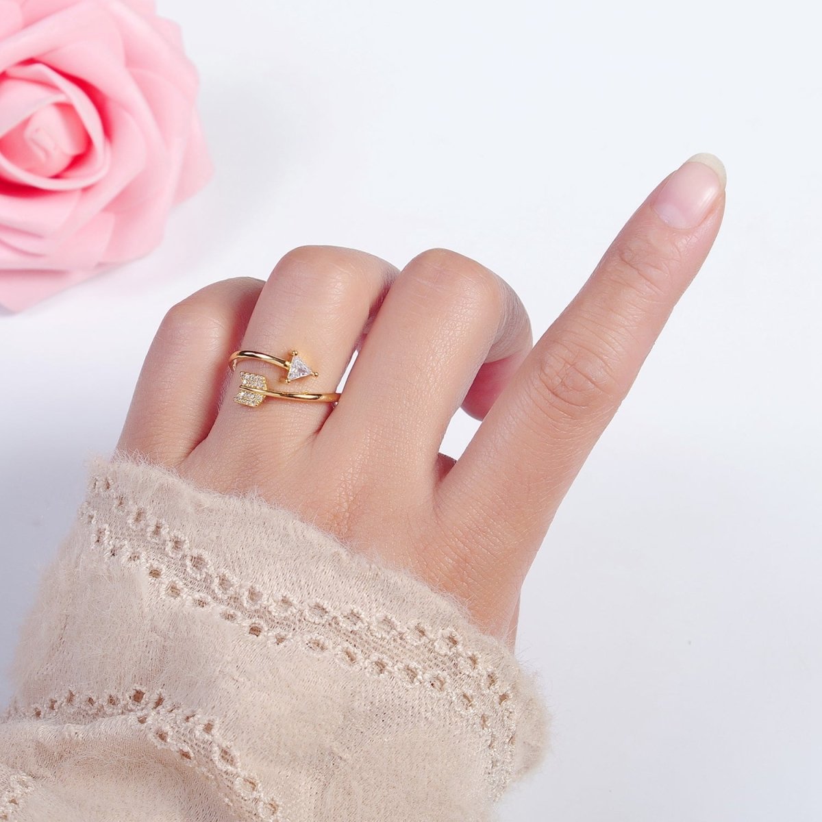 OS Dainty Gold Arrow Ring Wrap Ring, Adjustable Arrow Open ring, Sideways Arrow ring open with CZ O-2137
