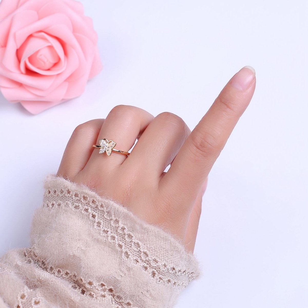 Dainty Gold Butterfly CZ Ring Open Adjustable S-510