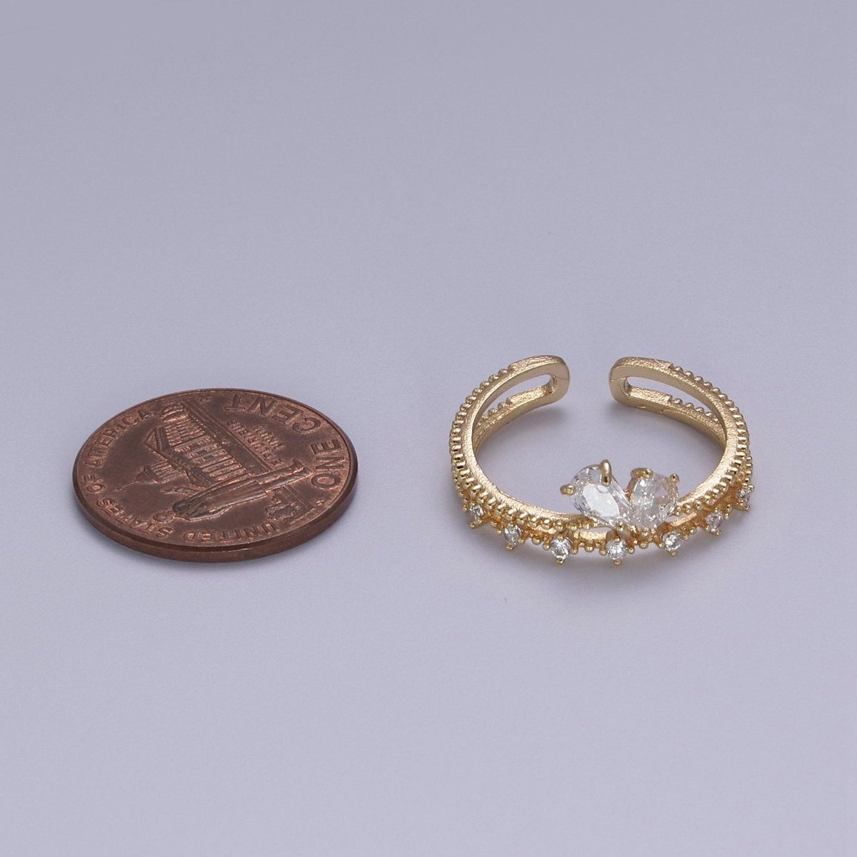 Dainty Gold Double Band CZ Ring Open Adjustable Stackable Ring for Minimalist Jewelry S-374