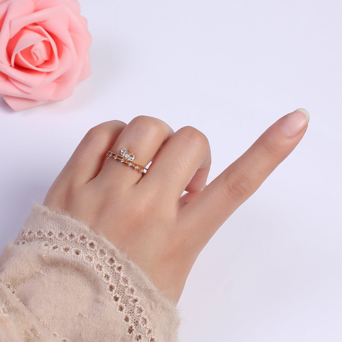 Dainty Gold Double Band CZ Ring Open Adjustable Stackable Ring for Minimalist Jewelry S-374