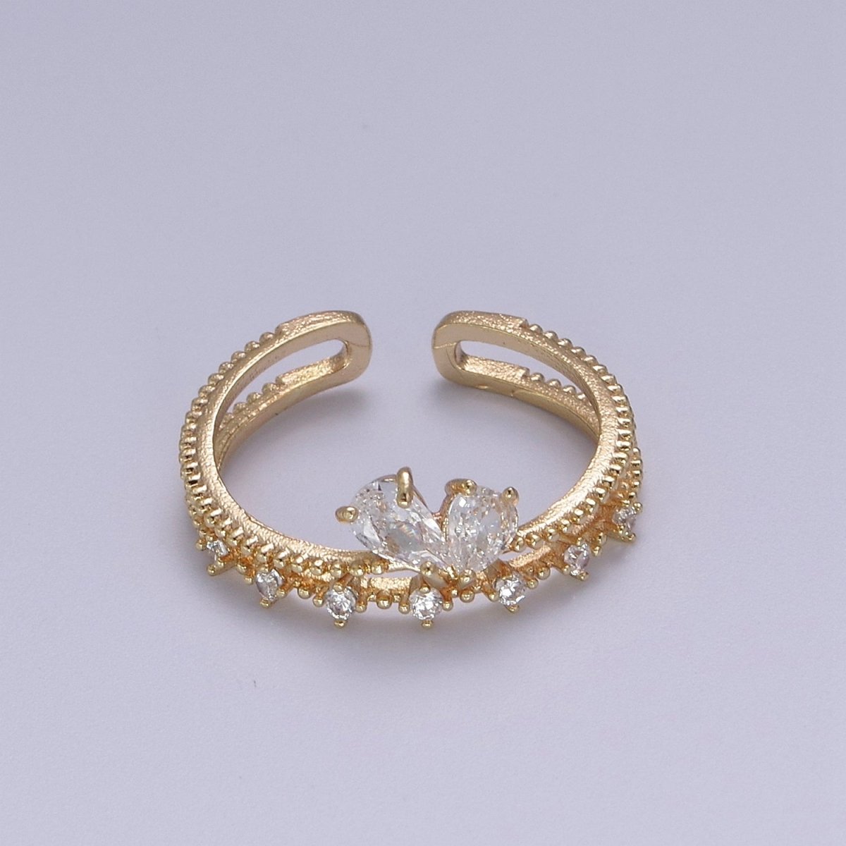 Dainty Gold Double Band CZ Ring Open Adjustable Stackable Ring for Minimalist Jewelry S-374