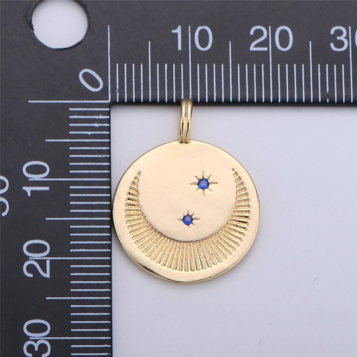 Dainty Gold Moon and Star Medallion Pendant - 18k gold Filled Crescent Moon Round Disc Charm Necklace Pendant C-697