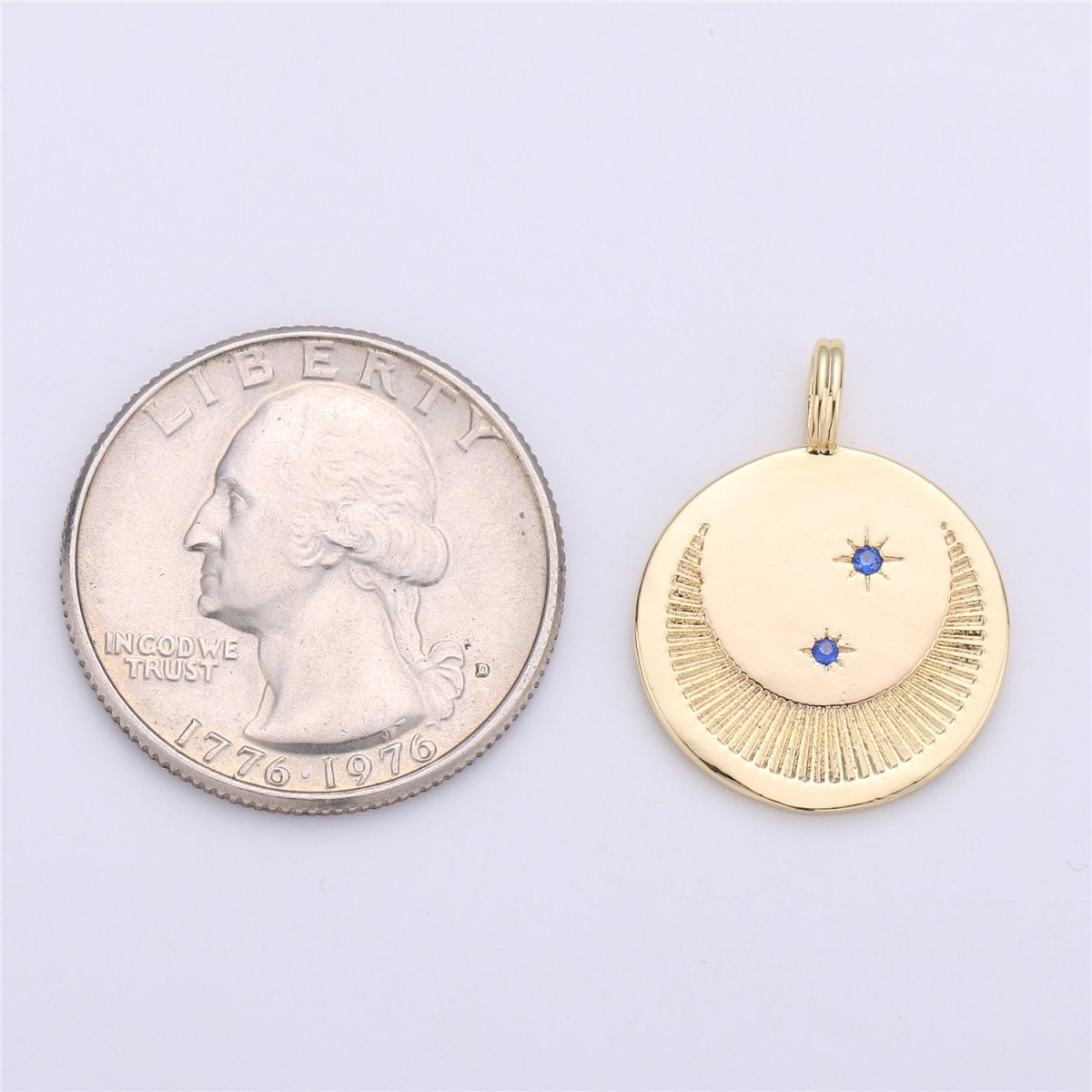 Dainty Gold Moon and Star Medallion Pendant - 18k gold Filled Crescent Moon Round Disc Charm Necklace Pendant C-697