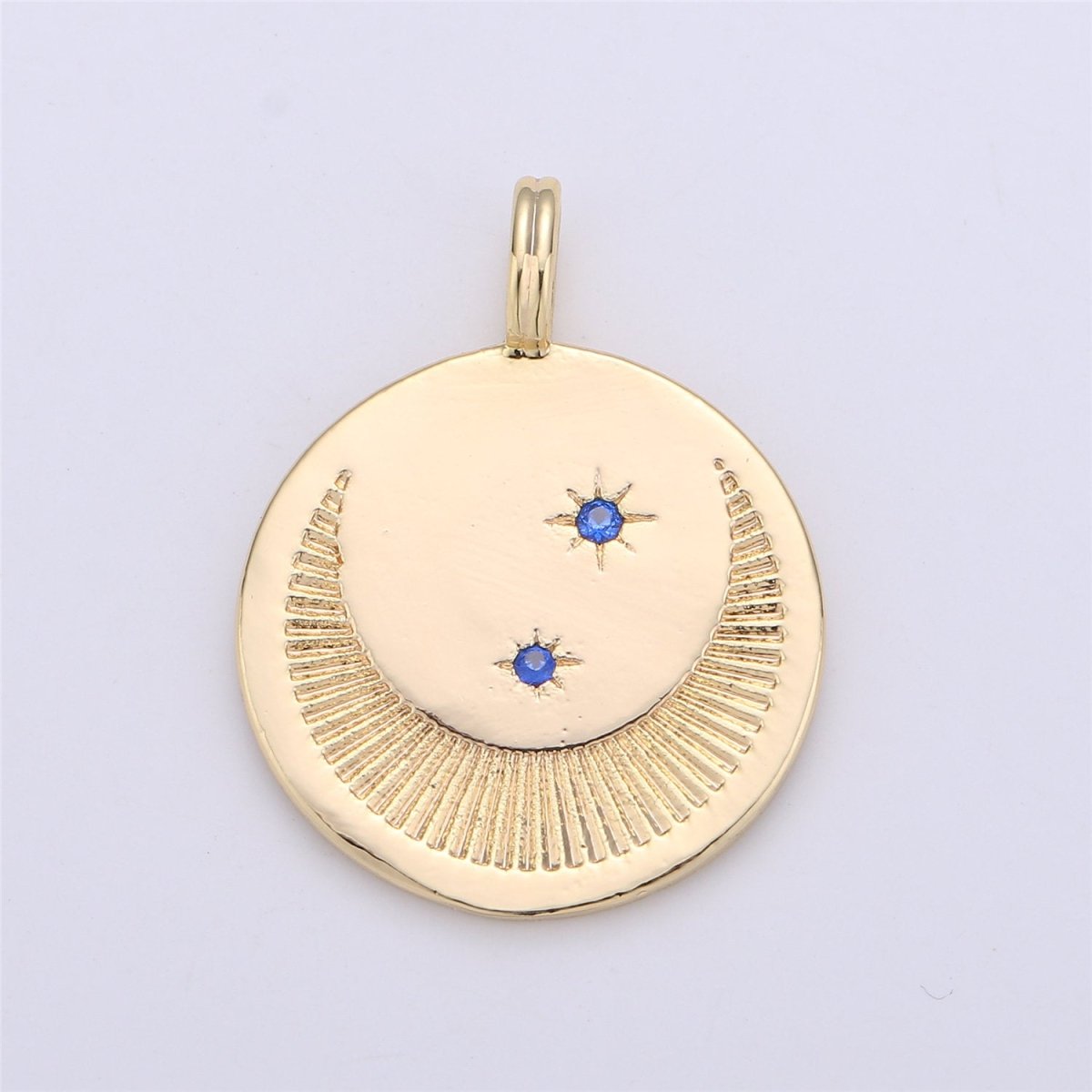 Dainty Gold Moon and Star Medallion Pendant - 18k gold Filled Crescent Moon Round Disc Charm Necklace Pendant C-697