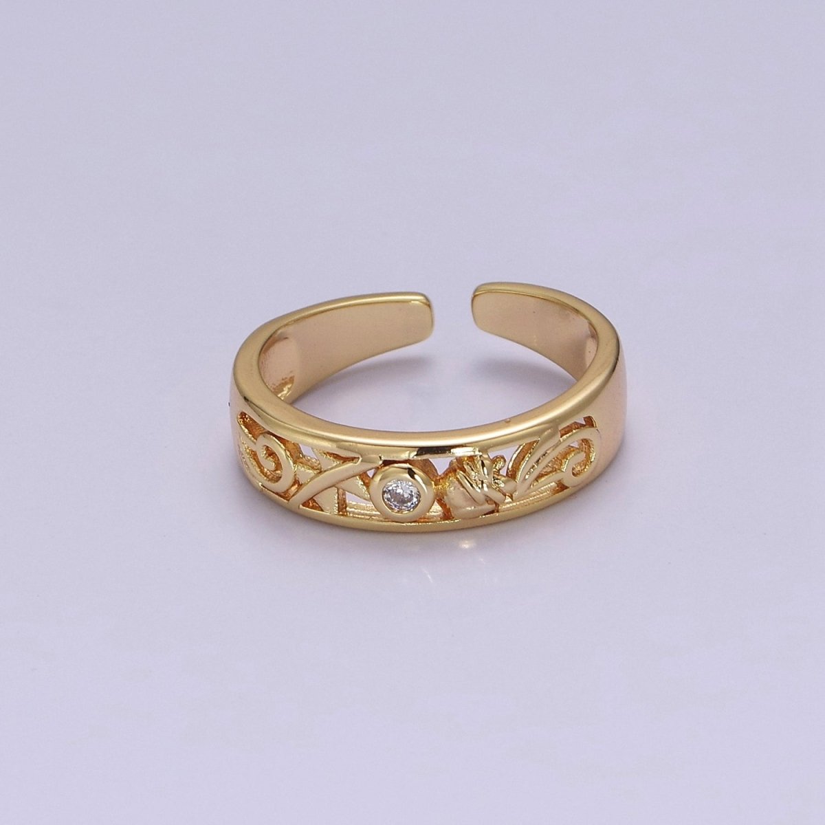 Dainty Gold Ring Carved Art with Round Bezel Cut Cz Stone O-2082