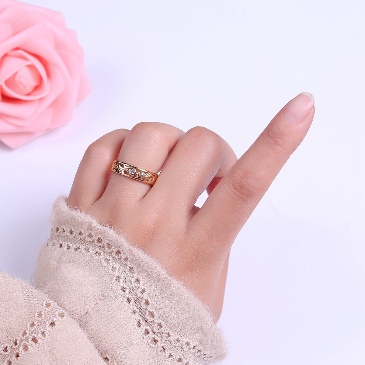 Dainty Gold Ring Carved Art with Round Bezel Cut Cz Stone O-2082