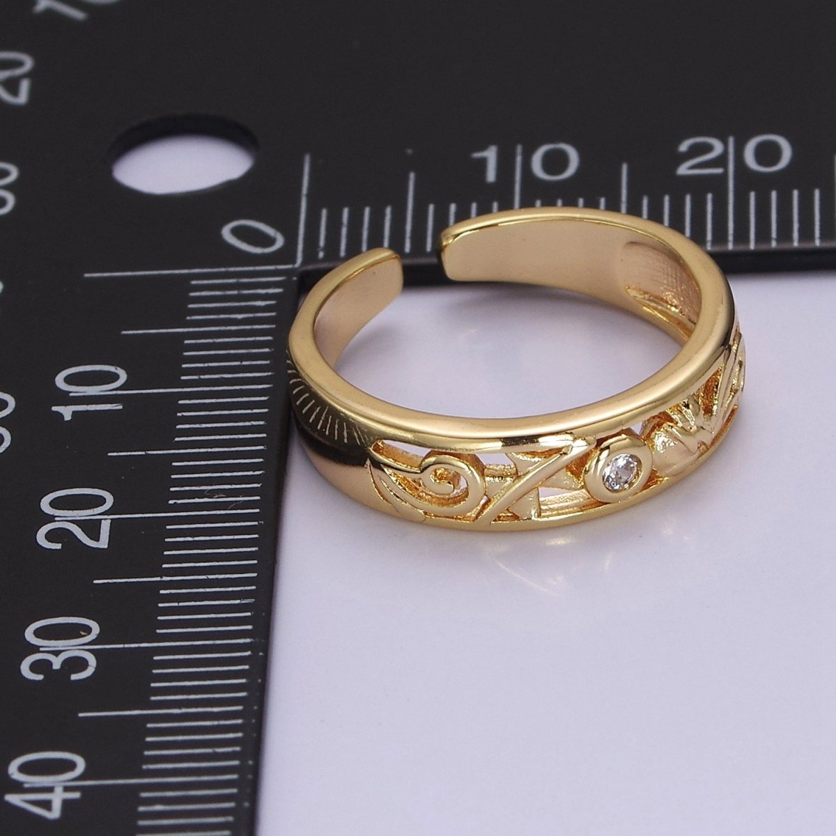 Dainty Gold Ring Carved Art with Round Bezel Cut Cz Stone O-2082