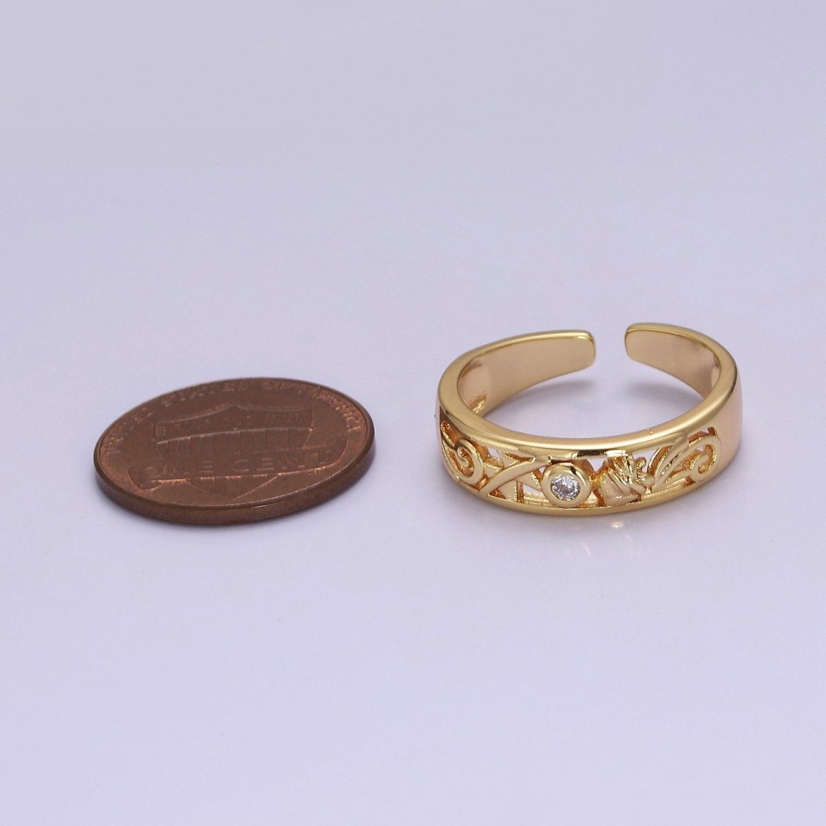 Dainty Gold Ring Carved Art with Round Bezel Cut Cz Stone O-2082
