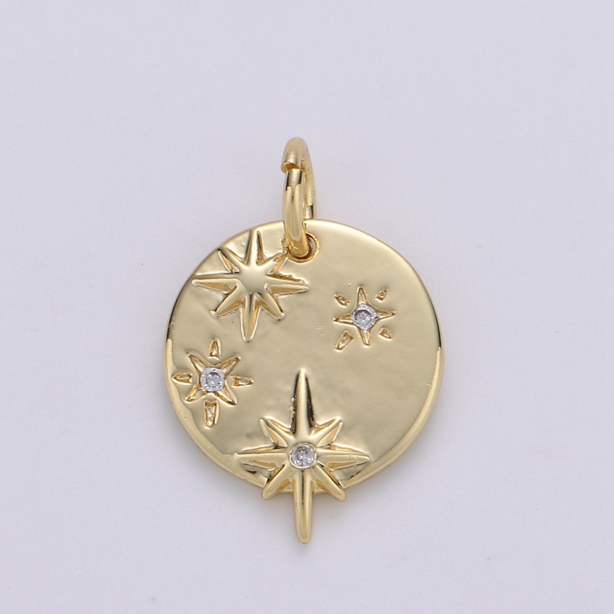 Dainty Gold Star charms, Micro Pave Starry Night charm Round Disc pendant Twinkle Little Star pendant Necklace pendant Celestial Jewelry D-212