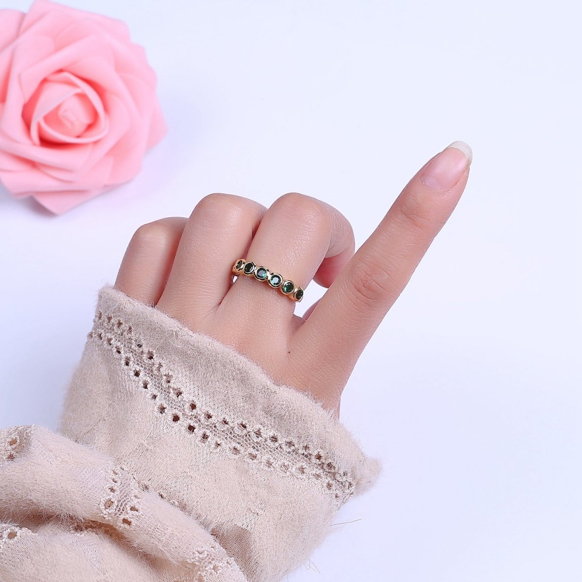 Dainty Green Gold Emerald CZ Ring Cubic Zirconia Minimalist Ring Dainty Green CZ Adjustable Ring S-501