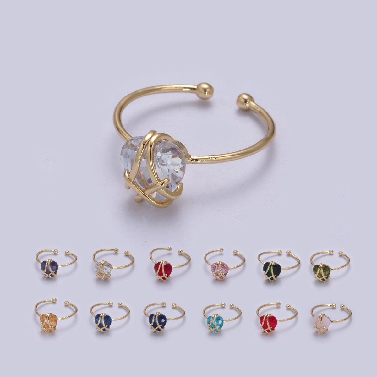 Dainty Heart Wrapped Rings Crystal Zirconia 16K Gold Filled Birthstone Ring Adjustable Stacking Ring U-352 ~ U-362 O-491