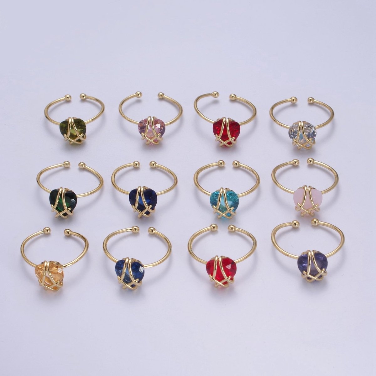 Dainty Heart Wrapped Rings Crystal Zirconia 16K Gold Filled Birthstone Ring Adjustable Stacking Ring U-352 ~ U-362 O-491