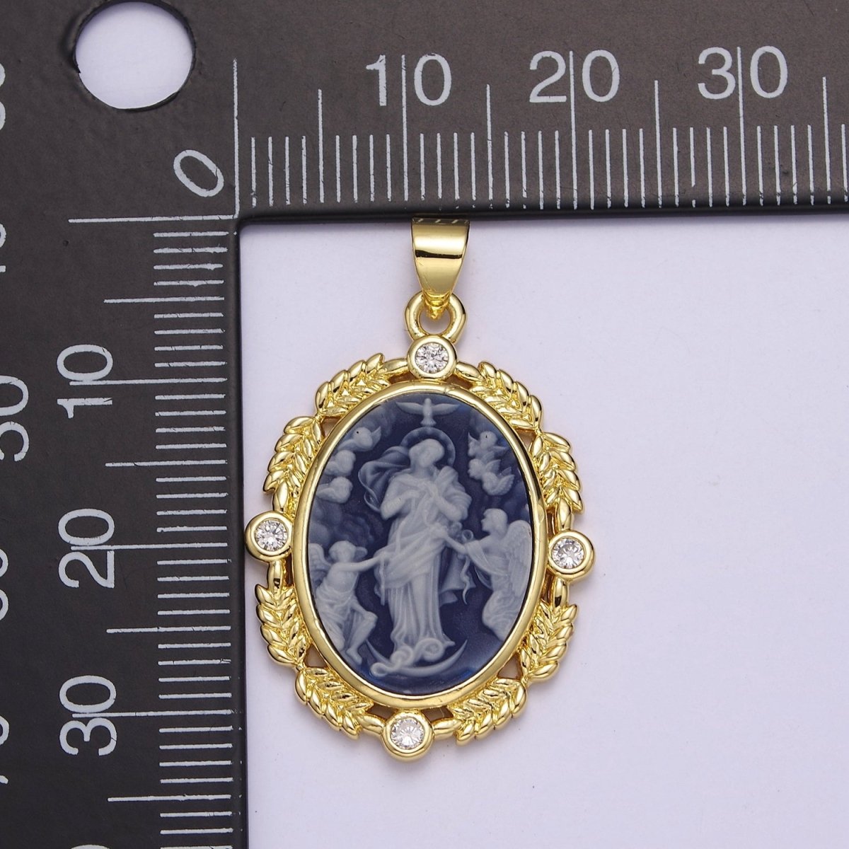 Dainty Micro Pave Vintage Blue Agate Jesus pendant Angel cameo jewelry Charm Necklace J-327