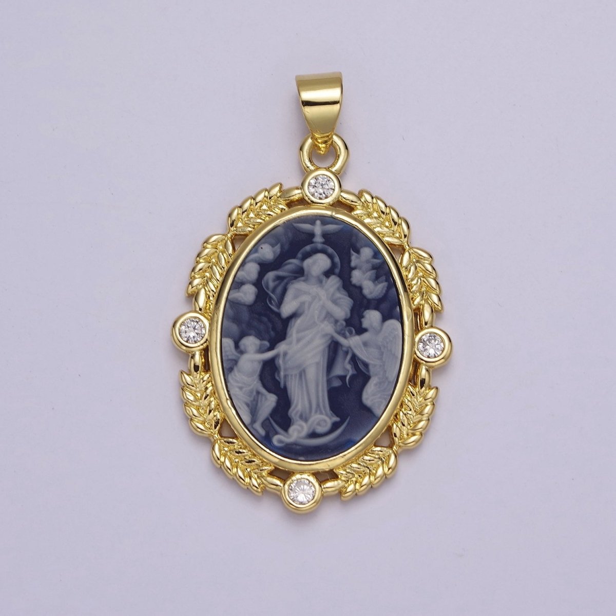 Dainty Micro Pave Vintage Blue Agate Jesus pendant Angel cameo jewelry Charm Necklace J-327
