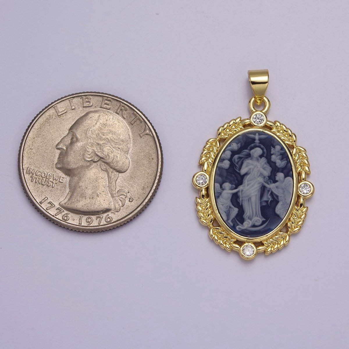 Dainty Micro Pave Vintage Blue Agate Jesus pendant Angel cameo jewelry Charm Necklace J-327