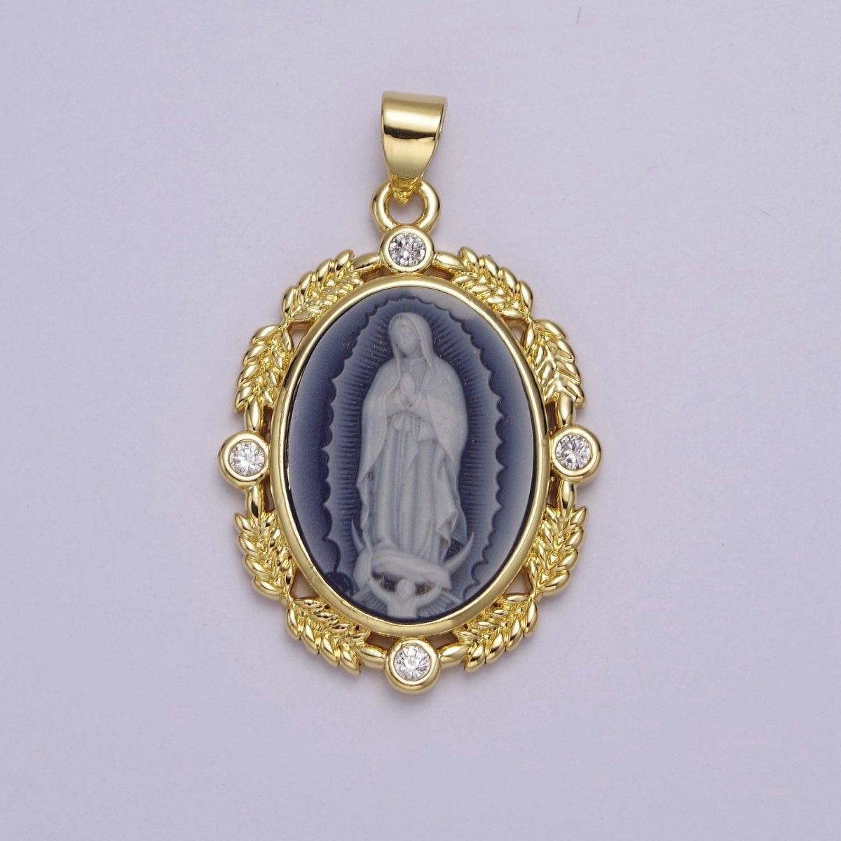 Dainty Micro Pave Vintage Blue Agate Virgin Mary pendant Lady Guadalupe cameo jewelry Charm Necklace J-185