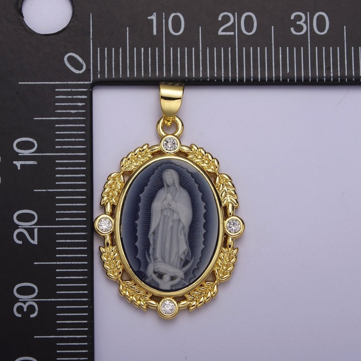 Dainty Micro Pave Vintage Blue Agate Virgin Mary pendant Lady Guadalupe cameo jewelry Charm Necklace J-185