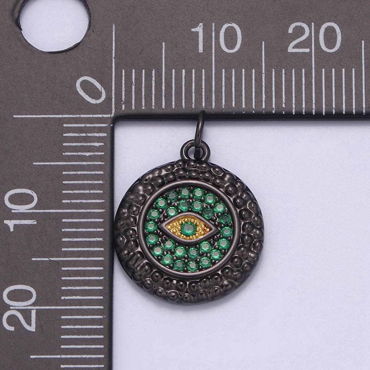 Dainty Pave black diamond Evil Eye Charm CZ Diamond Round Coin Charm Emerald Green Crystal N-832