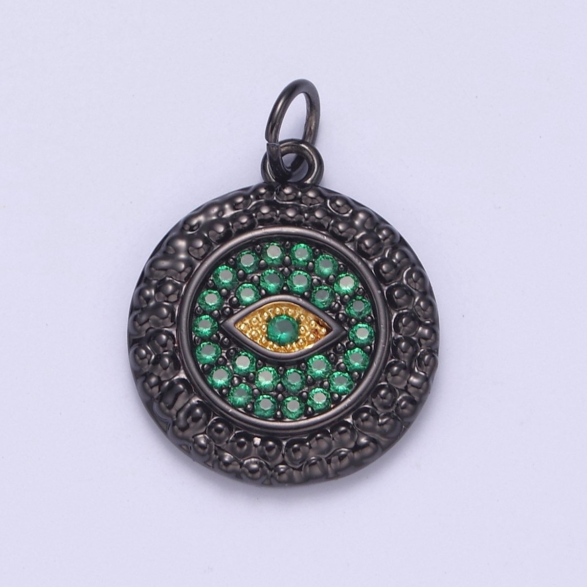 Dainty Pave black diamond Evil Eye Charm CZ Diamond Round Coin Charm Emerald Green Crystal N-832