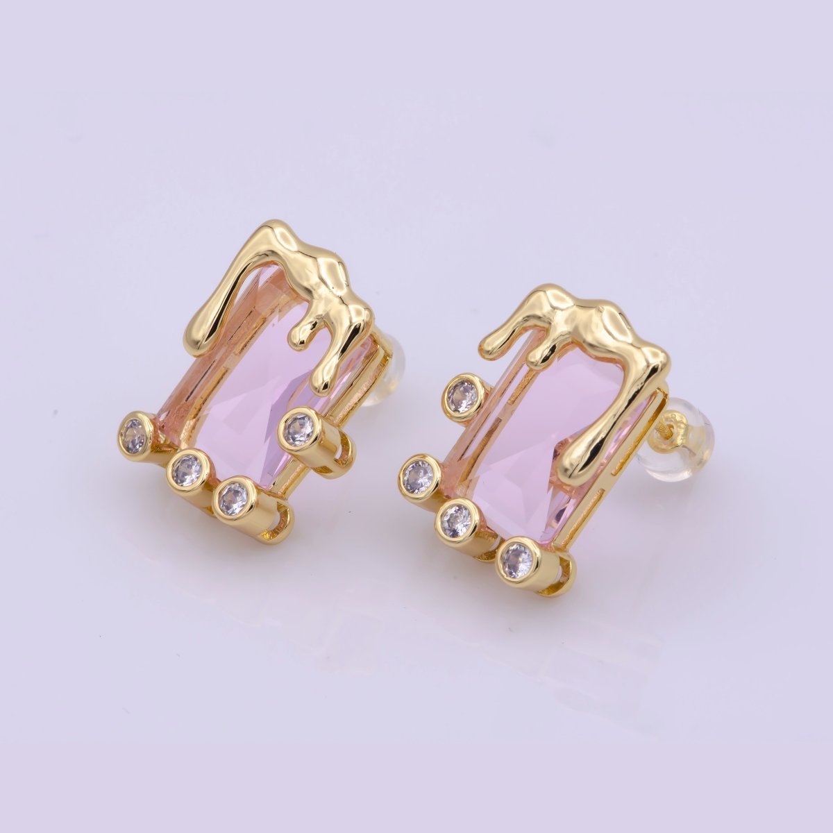 Dainty Square Stud Earring Melted Ice Cream Stud Earring Geometric Jewelry Clear Pink CZ Stud T-192 T-193