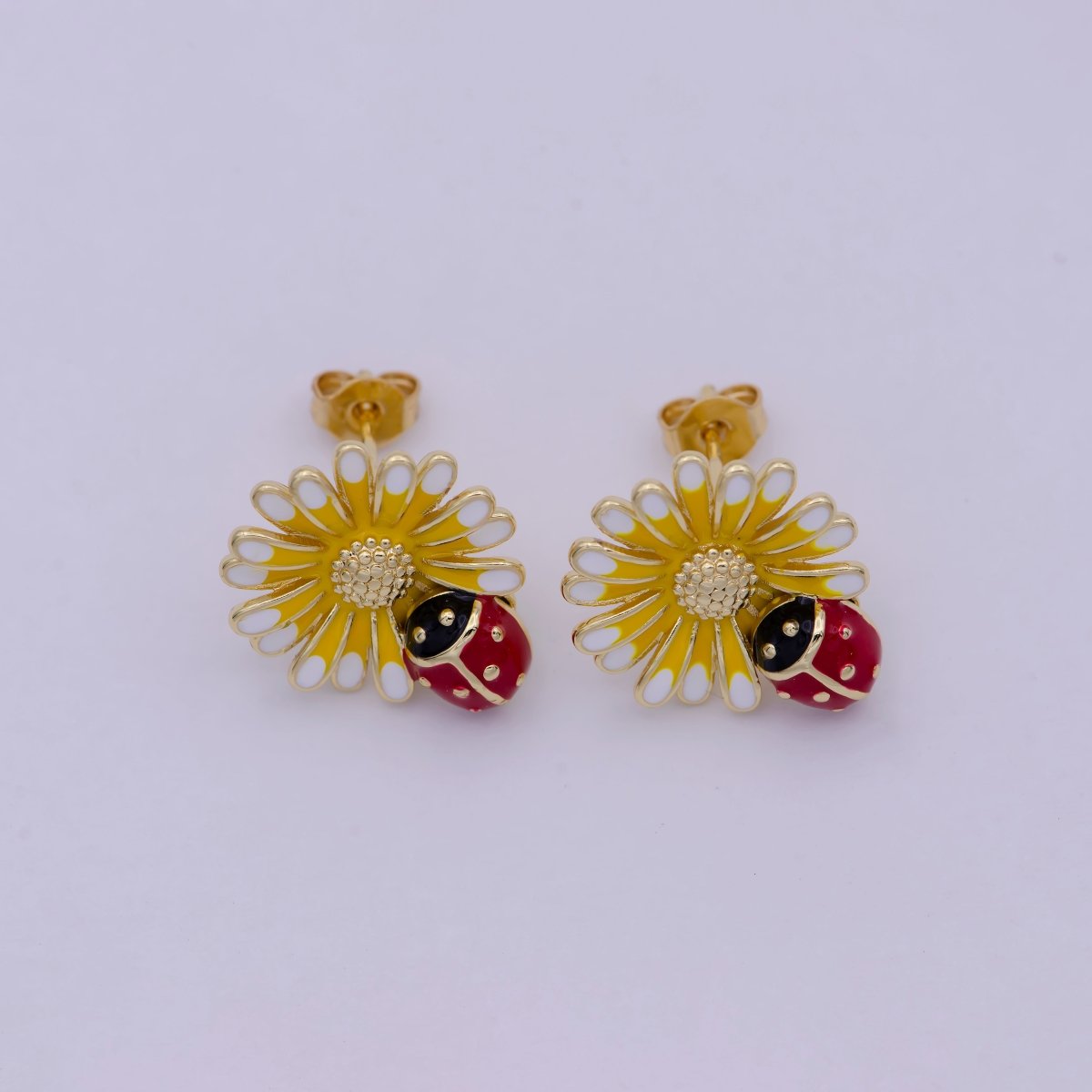 Dainty Sun Flower With Lady Bug Stud Earring Yellow Red Enamel T-261