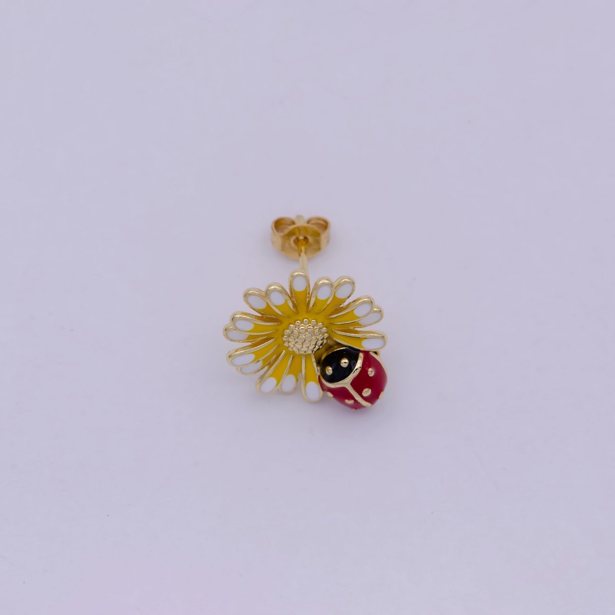 Dainty Sun Flower With Lady Bug Stud Earring Yellow Red Enamel T-261
