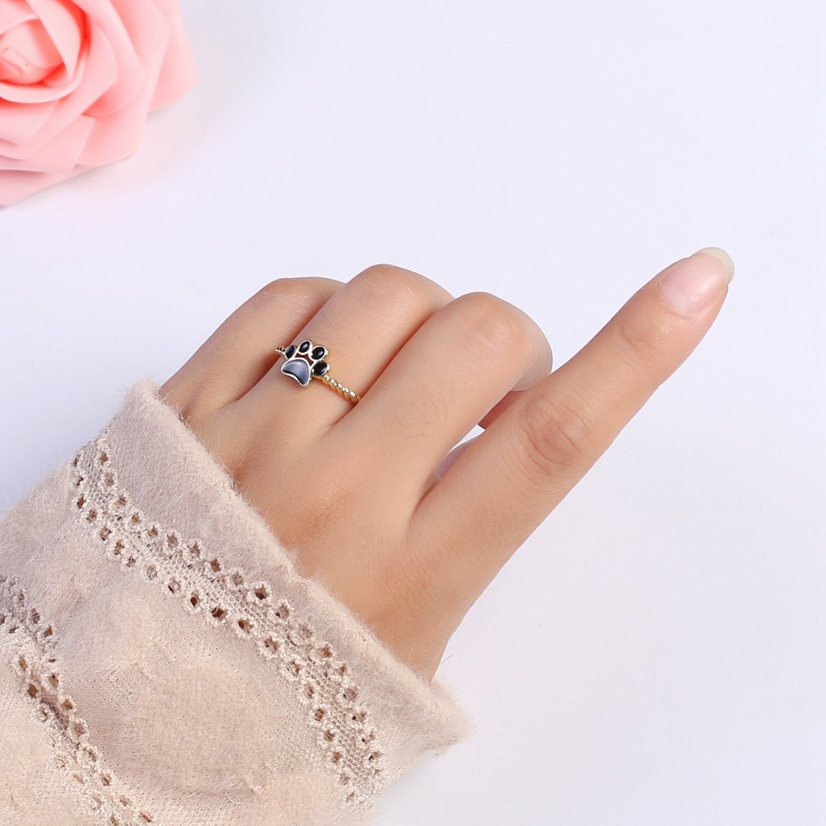 Dainty Thin Paw Print Enamel Fashion Ring with Colorfuul Paw Dog Lover Cat Lover Jewelry Open Adjustable U-030~U-033