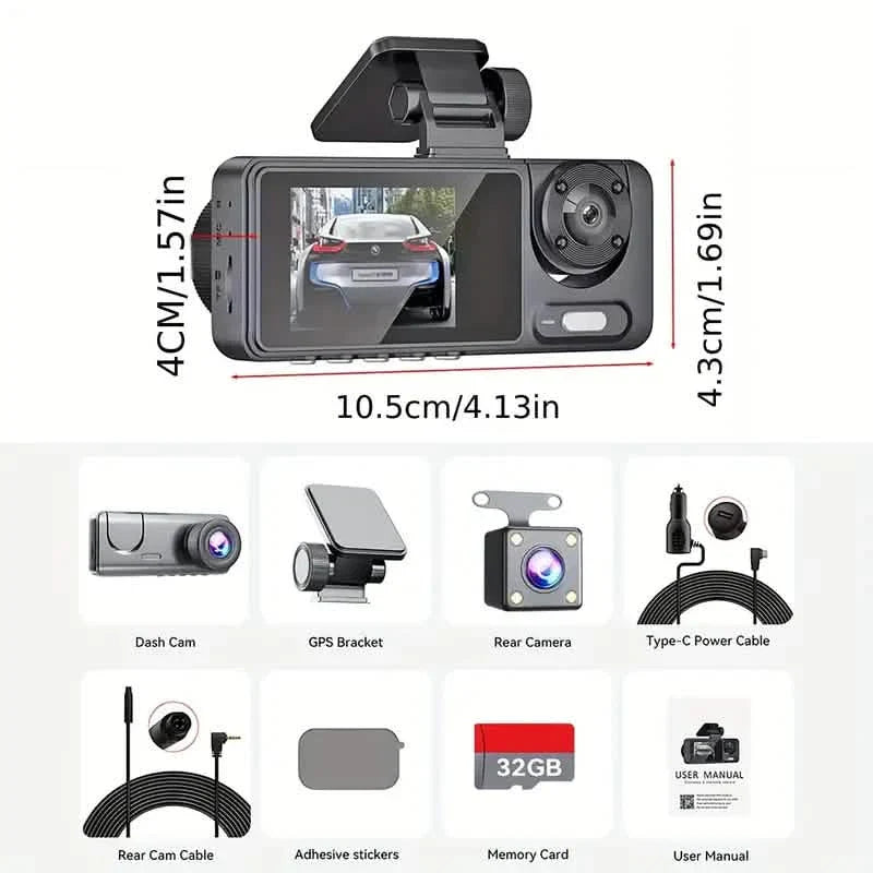 Dashcam triple 1080p avant, intérieur et arrière avec carte 32 Go, vision nocturne, HDR et plus