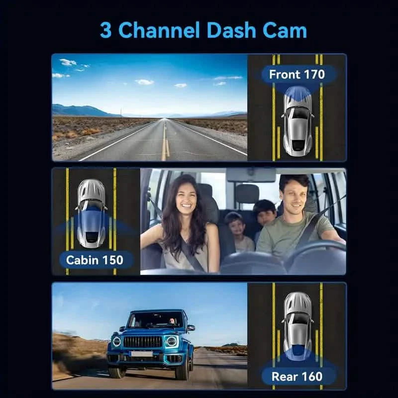 Dashcam triple 1080p avant, intérieur et arrière avec carte 32 Go, vision nocturne, HDR et plus