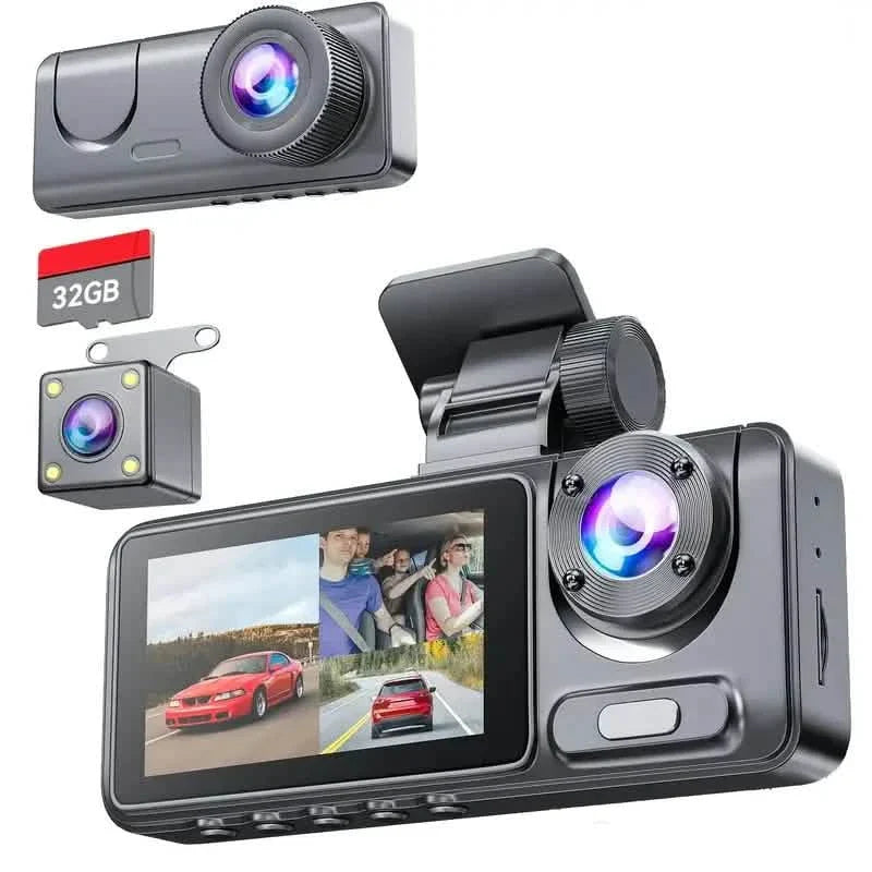 Dashcam triple 1080p avant, intérieur et arrière avec carte 32 Go, vision nocturne, HDR et plus