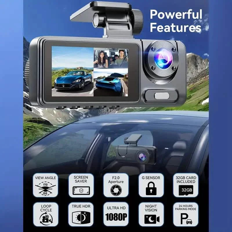 Dashcam triple 1080p avant, intérieur et arrière avec carte 32 Go, vision nocturne, HDR et plus