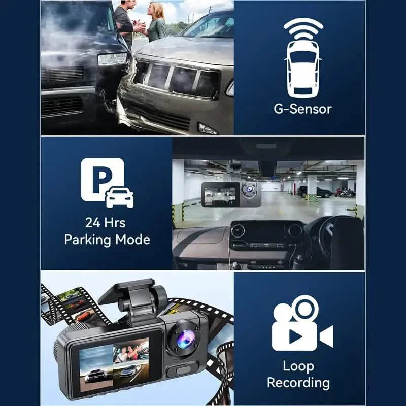 Dashcam triple 1080p avant, intérieur et arrière avec carte 32 Go, vision nocturne, HDR et plus