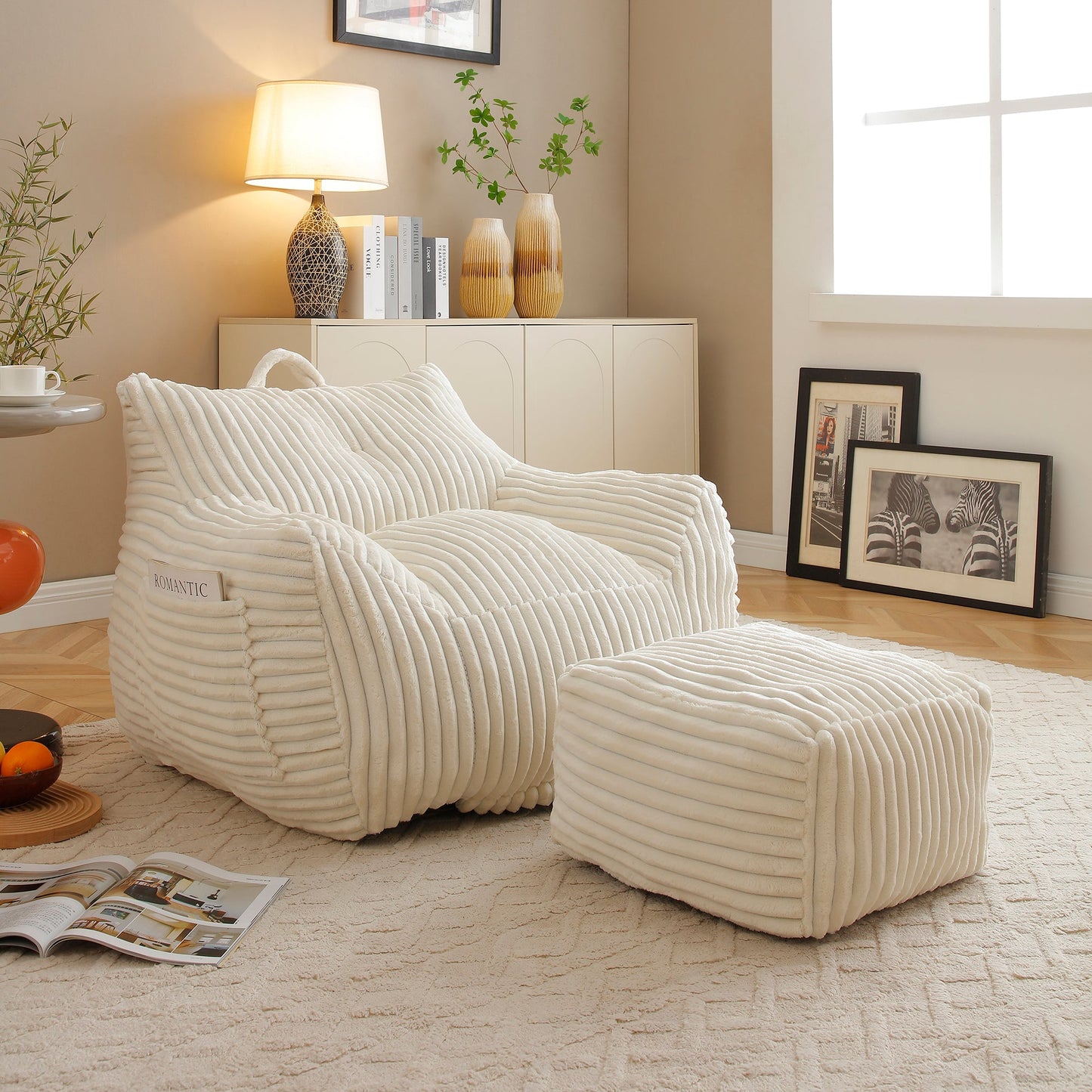 Giant Plush Bean Bag Chair for Adults with Armrests and Footstool