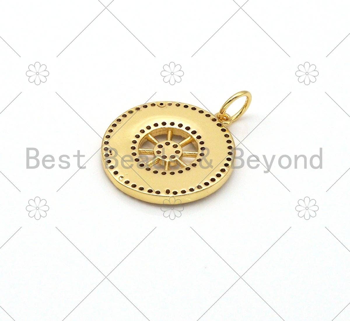 CZ Micro Pave White Enamel Compass Round Coin Shape Pendant,18K Gold Filled Enamel Pendant,Enamel Jewelry,23x20mm,Sku#Z1382