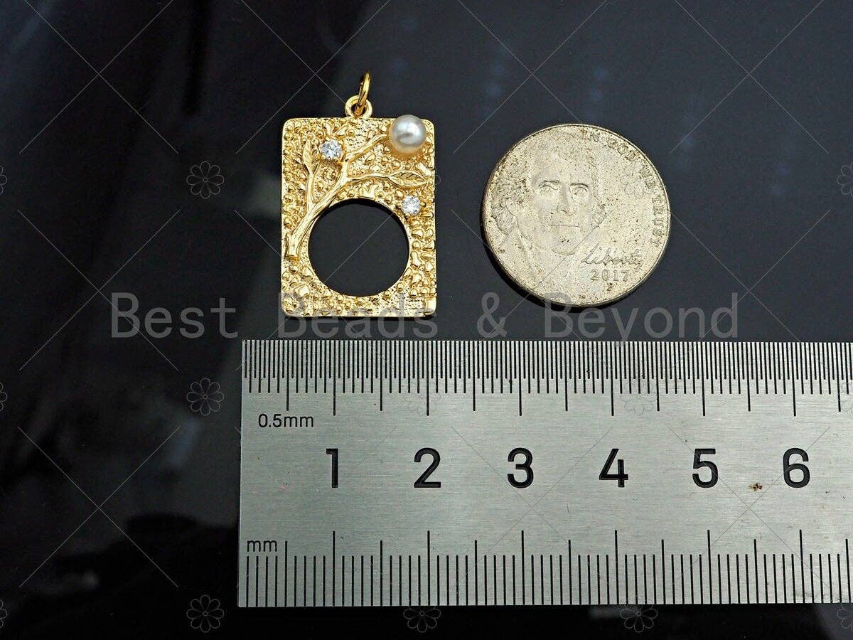 CZ Micro Pave Hollow Out Round Pearl On Rectangle Shape Pendant,14K Gold Filled MOP Charm, Necklace Bracelet Charm Pendant,17x25mm,Sku#ZX34