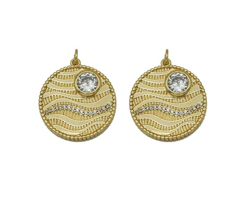 Gold Big CZ Wave On Round Coin Charm, Sku#F1497C