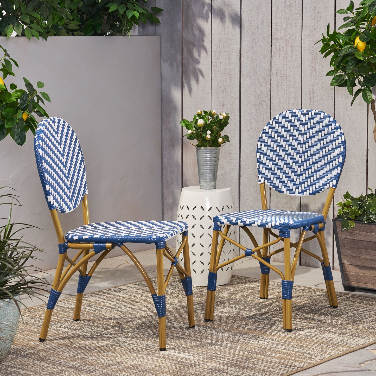Outdoor PE Ratten and Aluminum French Armless Bistro Chairs, Set of 2