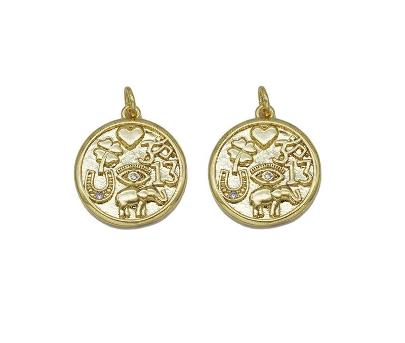 Gold Elephant Clover OM Evil Eye Heart Lucky Charm, Sku#LX107