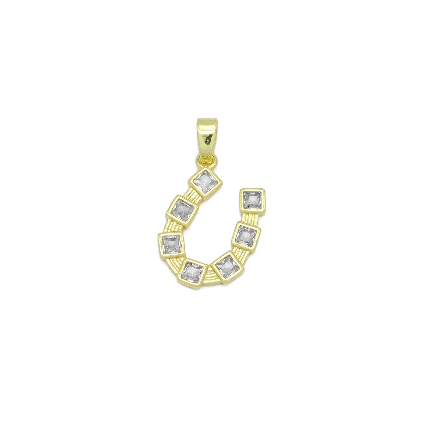 Clear Square CZ Gold horseshoe Shape Charm Pendant, Sku#LX760