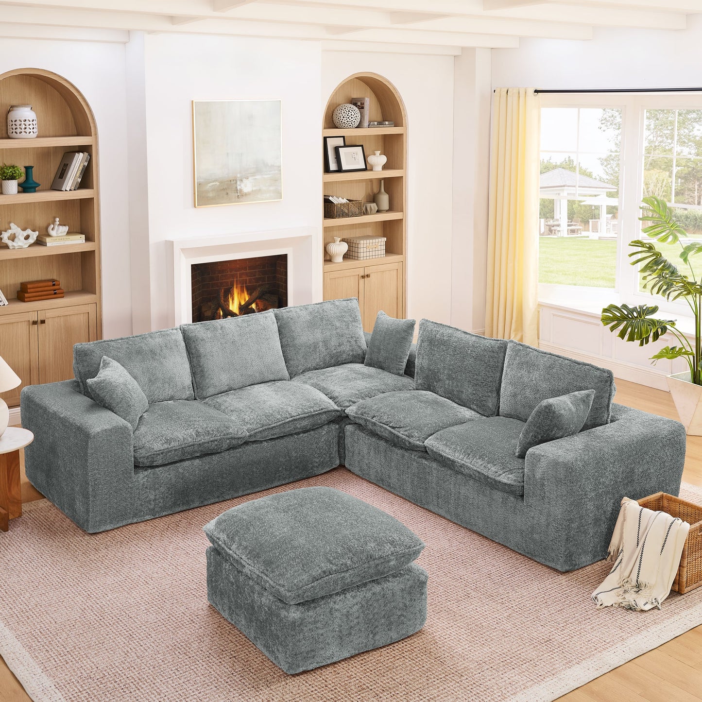 107'' Modern Boucle L-shaped Sectional Sofa with Moveable Ottoman