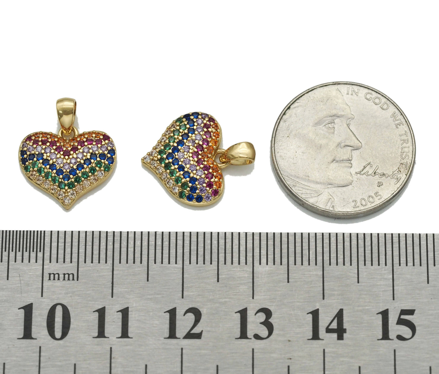 Rainbow CZ Gold Heart Charm, Sku#Y756