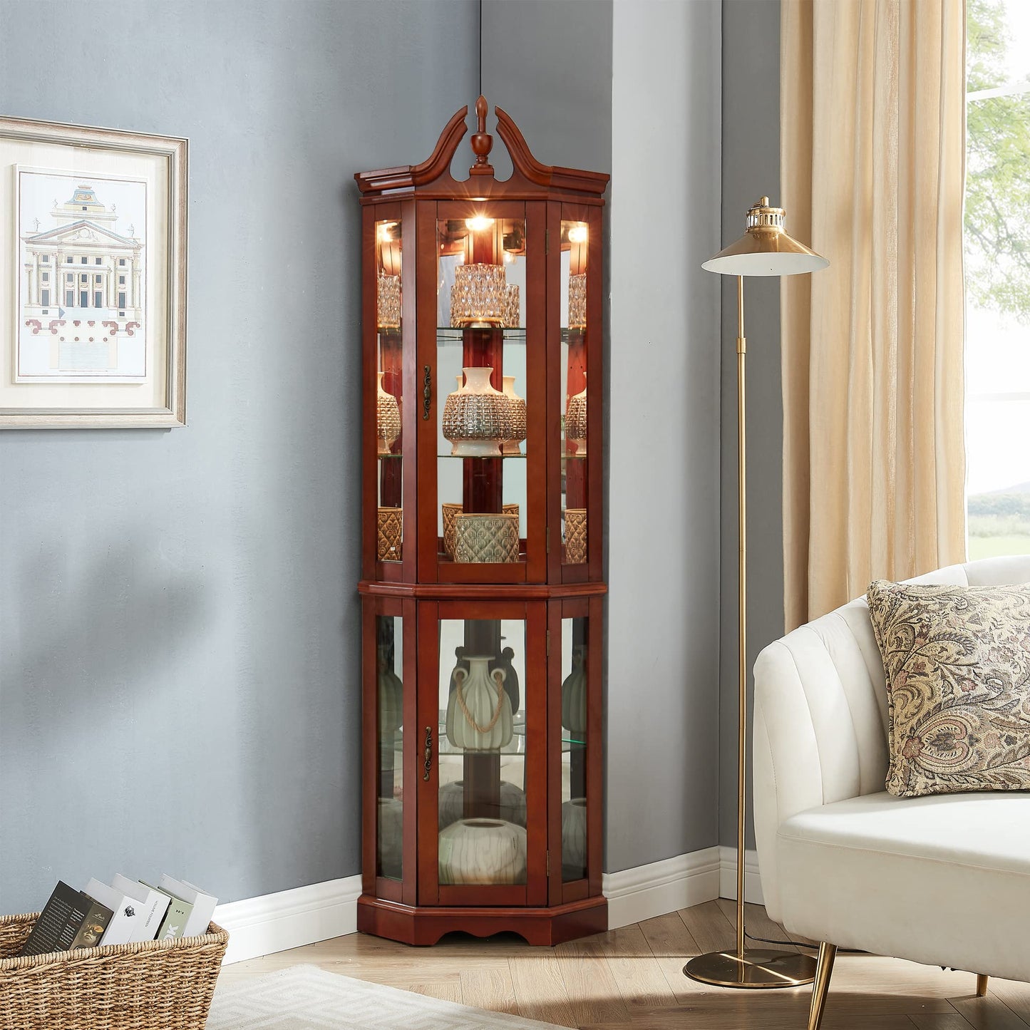 Walnut Corner Curio Cabinet with Lights