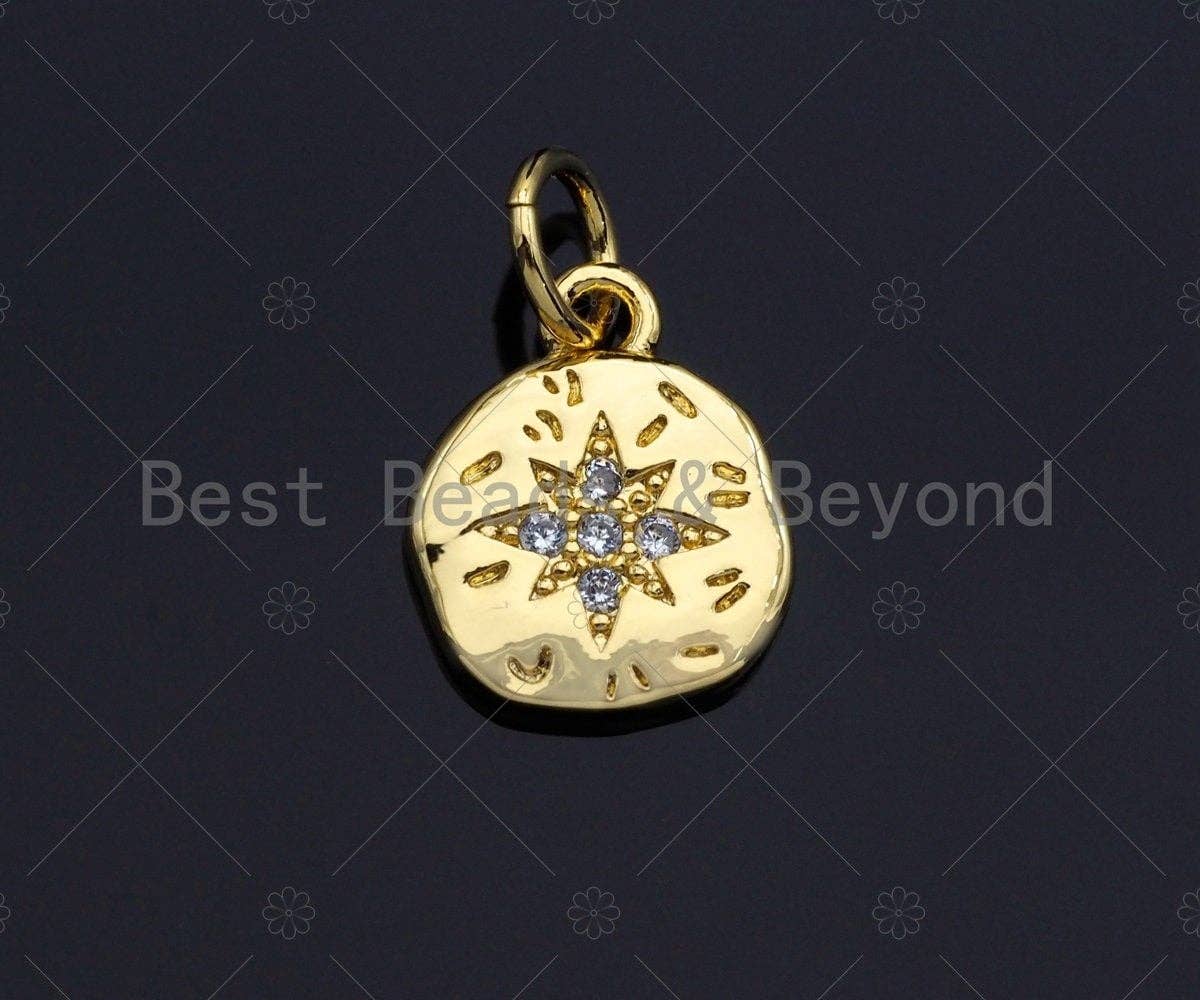 Dainty CZ Micro Pave Gold North Star On Round Coin Charms, Gold Charm, Gold Pendant, 9x11mm, Sku#LK120