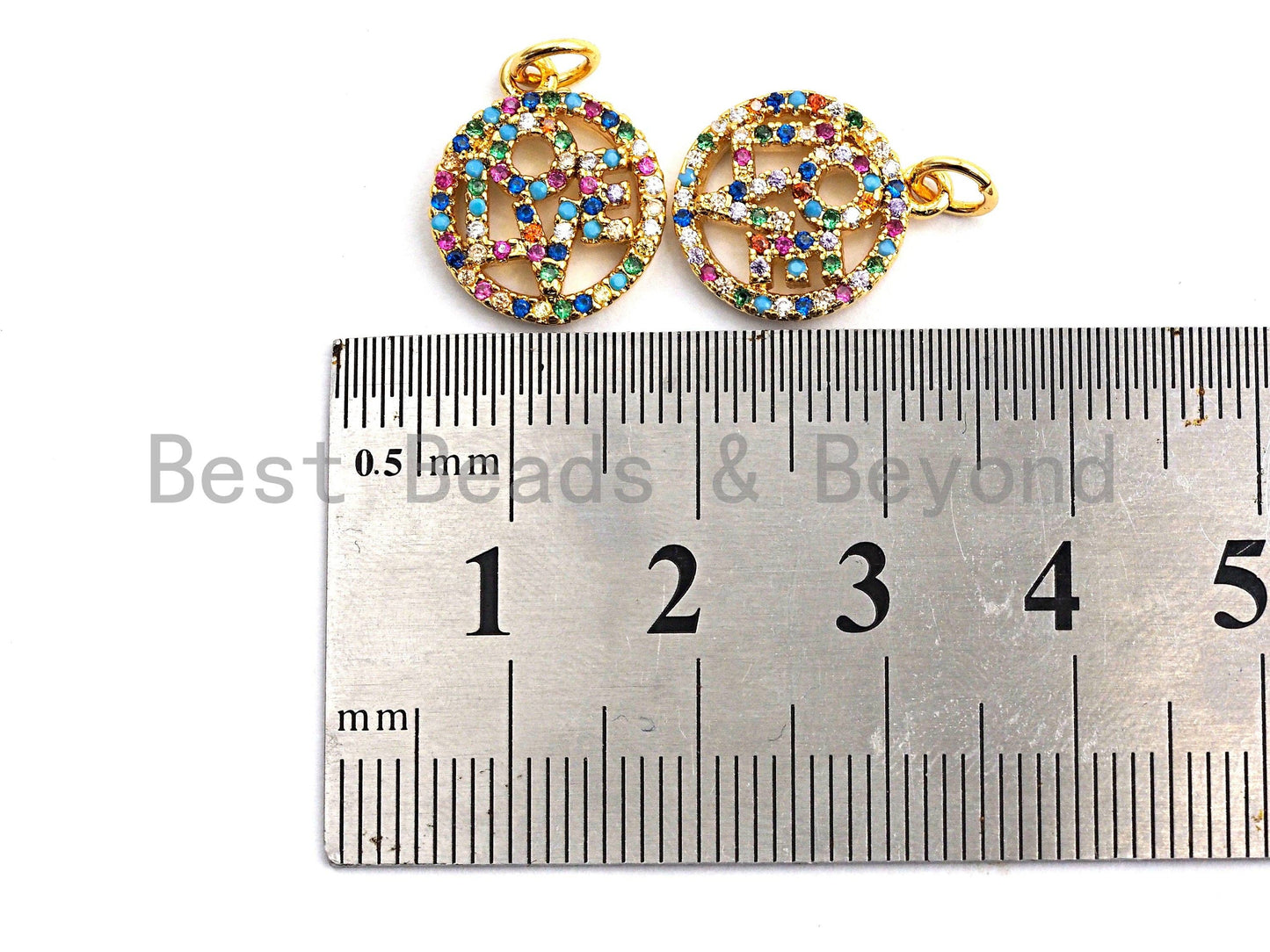 CZ Colorful Micro Pave Round With LOVE Pendant, Round Shaped Pave Pendant, Gold plated, 13x15mm, Sku#F840