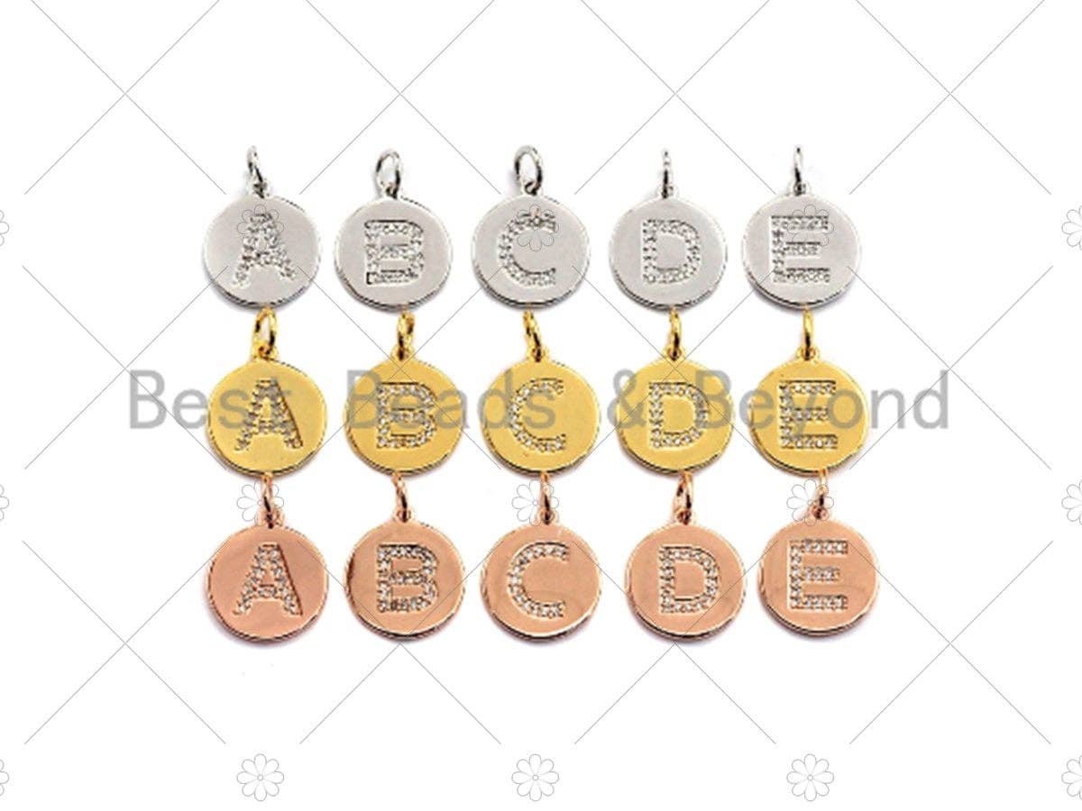 CZ Micro Pave A-Z Capital Letter Coin Pendant/Charm, Pave Initial Charm, Cubic Zirconia Initial Pendant Charm,15x17mm,sku#Z603